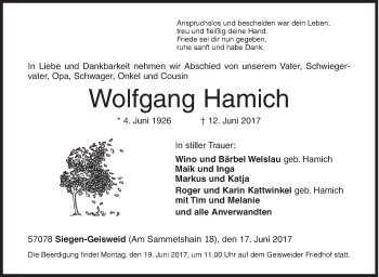 Traueranzeige von Wolfgang Hamich von Siegener Zeitung