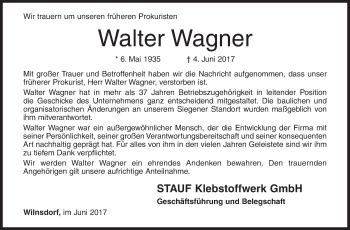 Traueranzeige von Walter Wagner von Siegener Zeitung