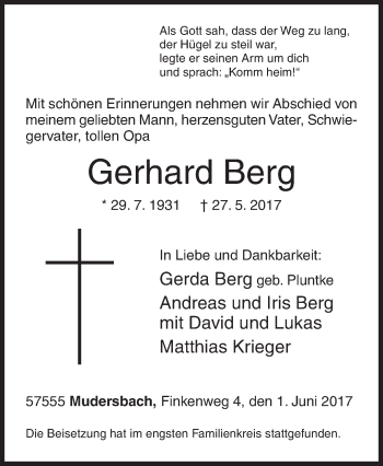Traueranzeige von Gerhard Berg von Siegener Zeitung