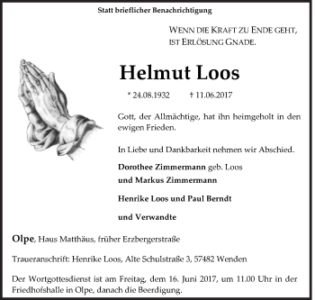 Traueranzeige von Helmut Loos von Siegener Zeitung