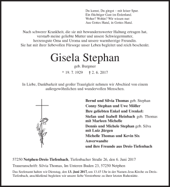 Traueranzeige von Gisela Stephan von Siegener Zeitung