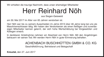 Traueranzeige von Reinhard Nöh von Siegener Zeitung