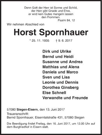 Traueranzeige von Horst Spornhauer von Siegener Zeitung