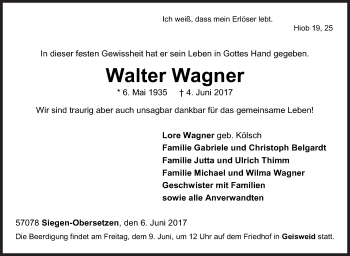 Traueranzeige von Walter Wagner von Siegener Zeitung