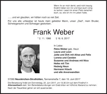 Traueranzeige von Frank Weber von Siegener Zeitung