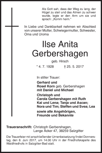 Traueranzeige von Ilse Anita Gerbershagen von Siegener Zeitung