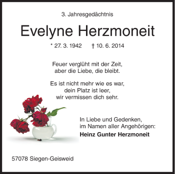 Traueranzeige von Evelyne Herzmoneit von Siegener Zeitung