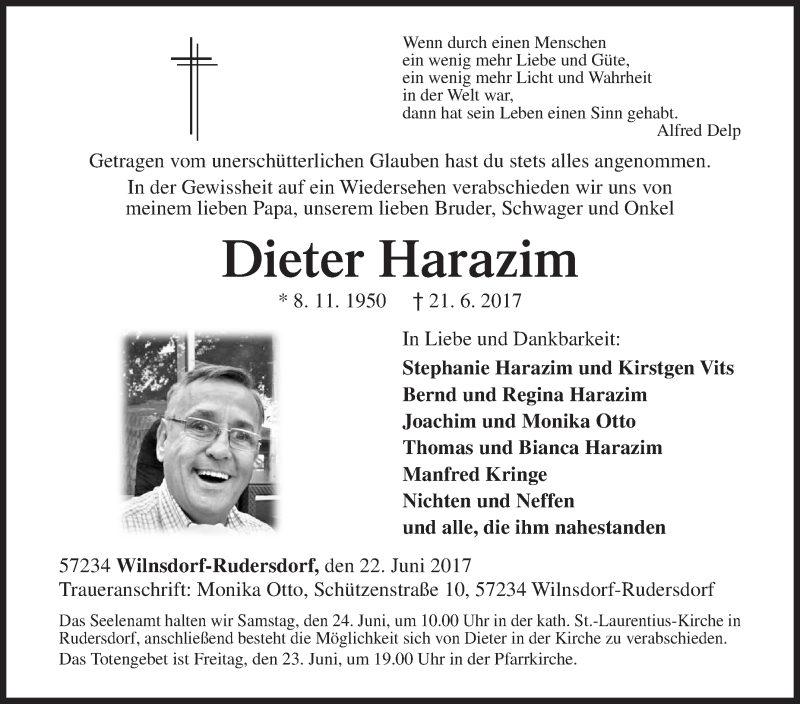  Traueranzeige für Dieter Harazim vom 22.06.2017 aus Siegener Zeitung