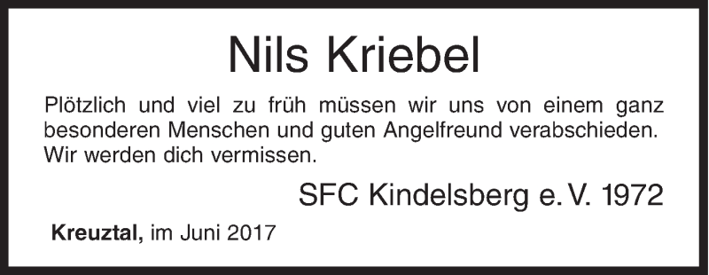 Traueranzeige für Nils Kriebel vom 08.06.2017 aus Siegener Zeitung