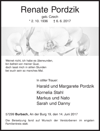 Traueranzeige von Renate Pordzik von Siegener Zeitung
