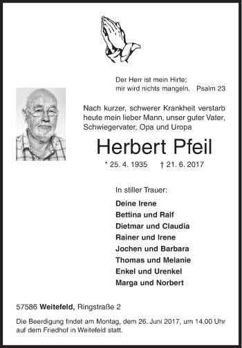 Traueranzeige von Herbert Pfeil von Siegener Zeitung