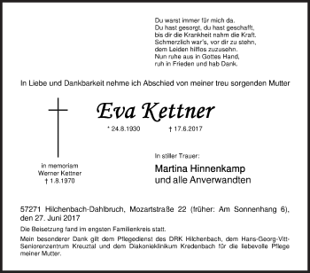 Traueranzeige von Eva Kettner von Siegener Zeitung