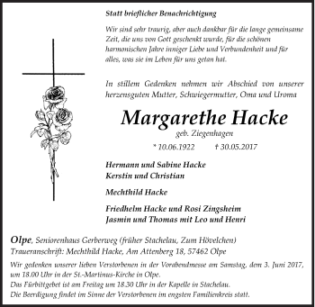Traueranzeige von Margarethe Hacke von Siegener Zeitung