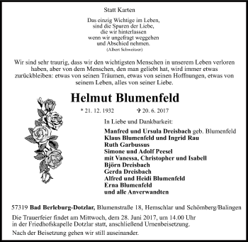Traueranzeige von Helmut Blumenfeld von Siegener Zeitung
