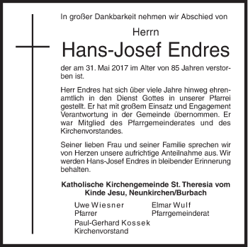 Traueranzeige von Hans-Josef Endres von Siegener Zeitung