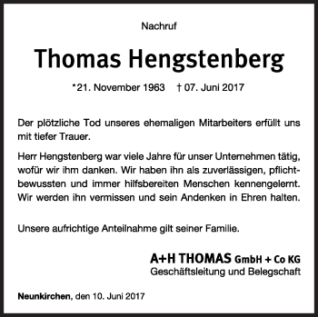 Traueranzeige von Thomas Hengstenberg von Siegener Zeitung
