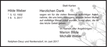 Traueranzeige von Hilde Weber von Siegener Zeitung