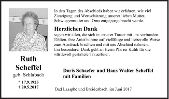 Traueranzeige von Ruth Scheffel von Siegener Zeitung