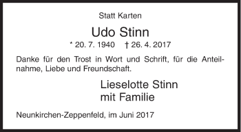 Traueranzeige von Udo Stinn von Siegener Zeitung