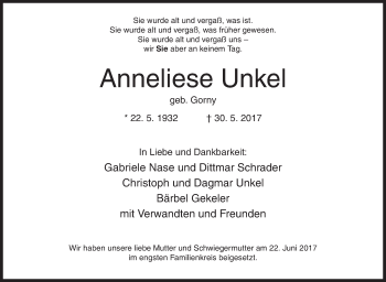 Traueranzeige von Anneliese Unkel von Siegener Zeitung