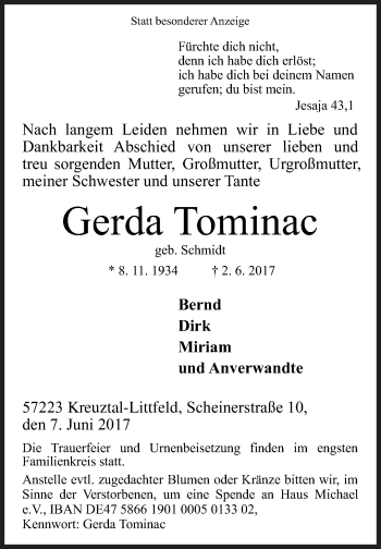 Traueranzeige von Gerda Tominac von Siegener Zeitung