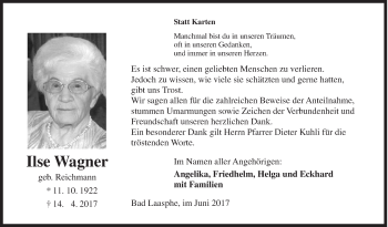 Traueranzeige von Ilse Wagner von Siegener Zeitung