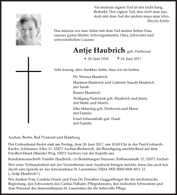 Traueranzeige von Antje Haubrich von Siegener Zeitung