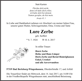 Traueranzeige von Lore Zerbe von Siegener Zeitung