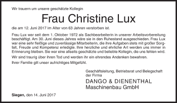 Traueranzeige von Christine Lux von Siegener Zeitung
