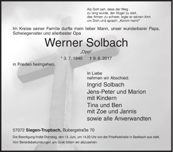 Traueranzeige von Werner Solbach von Siegener Zeitung