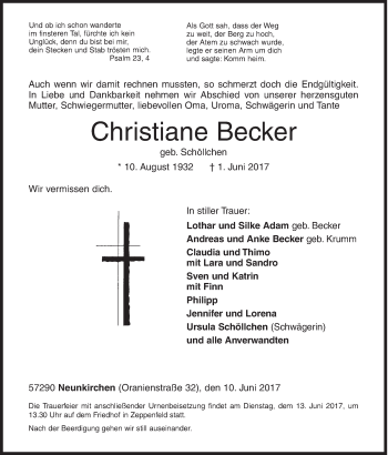 Traueranzeige von Christiane Becker von Siegener Zeitung