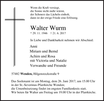 Traueranzeige von Walter Wurm von Siegener Zeitung