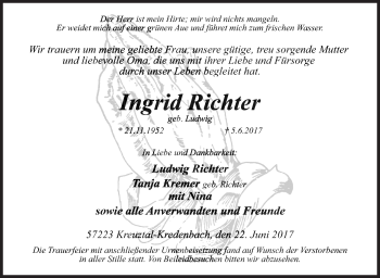 Traueranzeige von Ingrid Richter von Siegener Zeitung