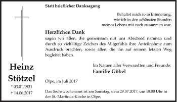 Traueranzeige von Heinz Stötzel von Siegener Zeitung