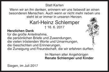 Traueranzeige von Karl-Heinz Schlemper von Siegener Zeitung