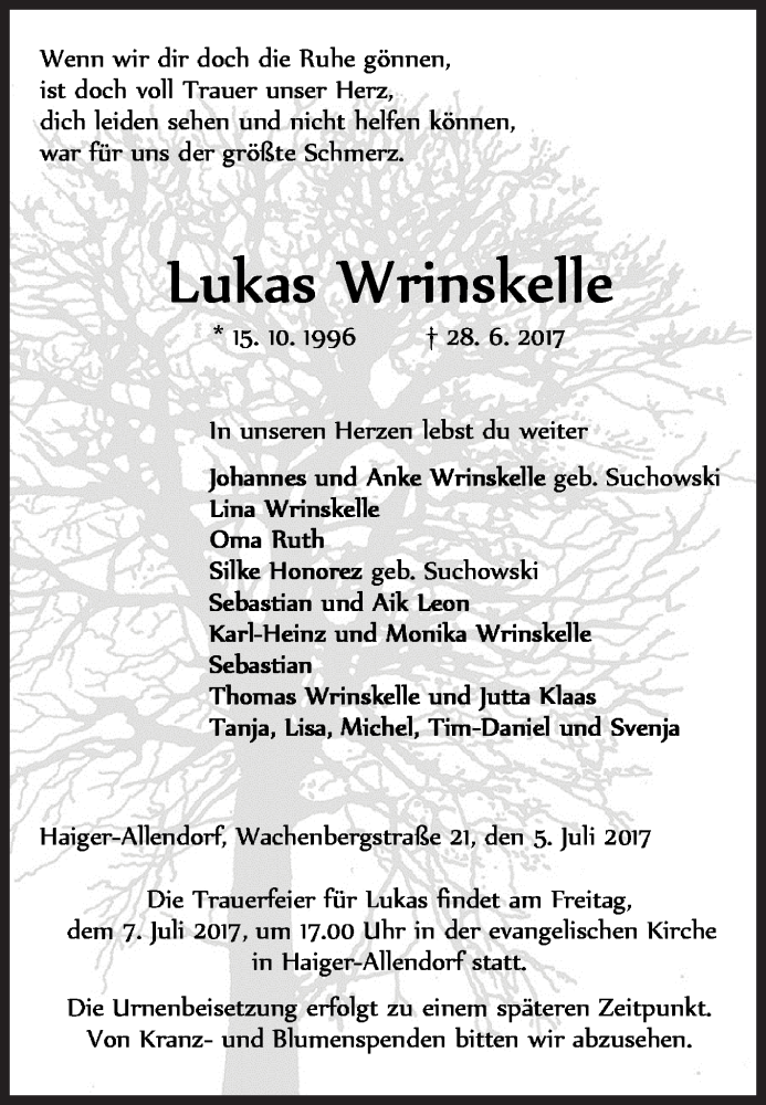  Traueranzeige für Lukas Wrinskelle vom 05.07.2017 aus Siegener Zeitung