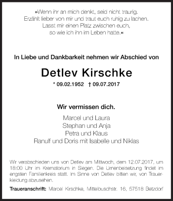 Traueranzeige von Detlev Kirschke von Siegener Zeitung