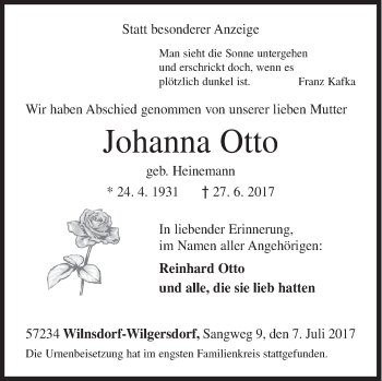 Traueranzeige von Johanna Otto von Siegener Zeitung
