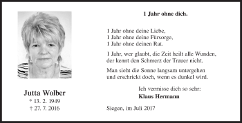 Traueranzeige von Jutta Wolber von Siegener Zeitung