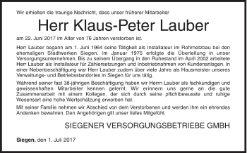 Traueranzeige von Klaus-Peter Lauber von Siegener Zeitung