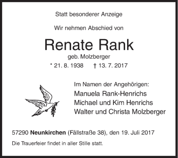 Traueranzeige von Renate Rank von Siegener Zeitung