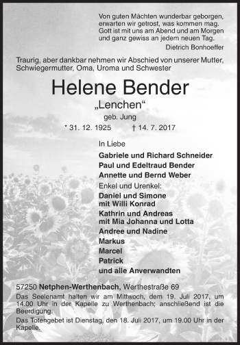 Traueranzeige von Helene Bender von Siegener Zeitung