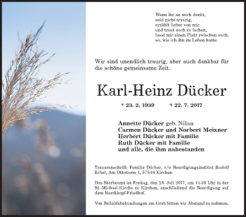 Traueranzeige von Karl-Heinz Dücker von Siegener Zeitung