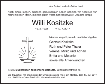 Traueranzeige von Willi Kositzke von Siegener Zeitung