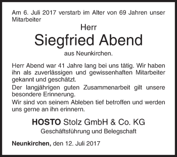 Traueranzeige von Siegfried Abend von Siegener Zeitung