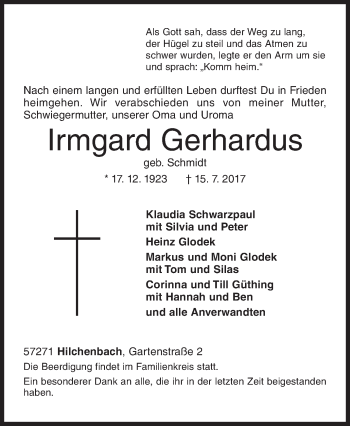 Traueranzeige von Irmgard Gerhardus von Siegener Zeitung