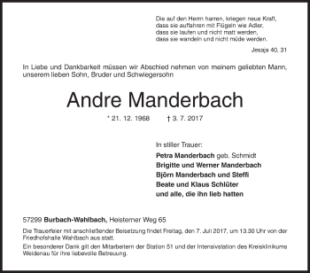 Traueranzeige von Andre Manderbach von Siegener Zeitung
