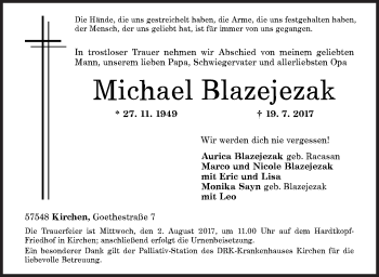 Traueranzeige von Michael Blazejezak von Siegener Zeitung