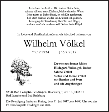 Traueranzeige von Wilhelm Völkel von Siegener Zeitung