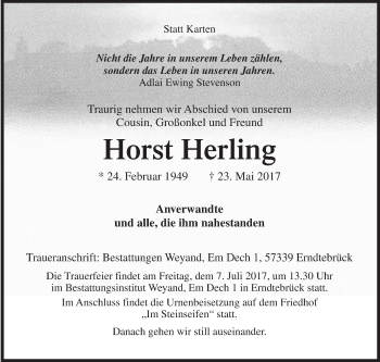 Traueranzeige von Horst Herling von Siegener Zeitung